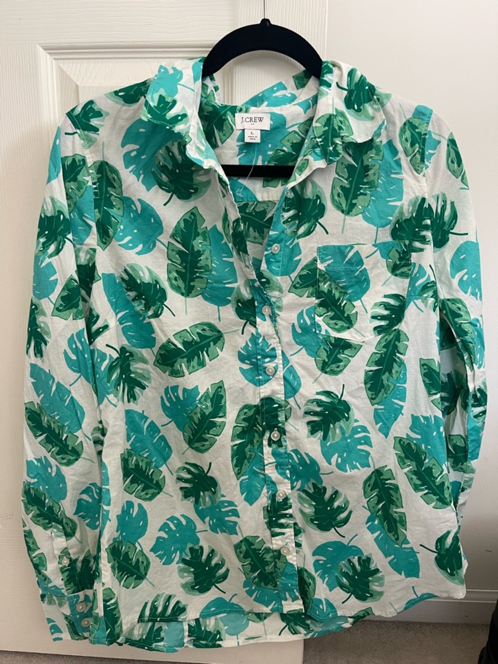 J.Crew Factory Sz L Leaf Print Button-Up Shirt Green Teal Resort wear Tropical